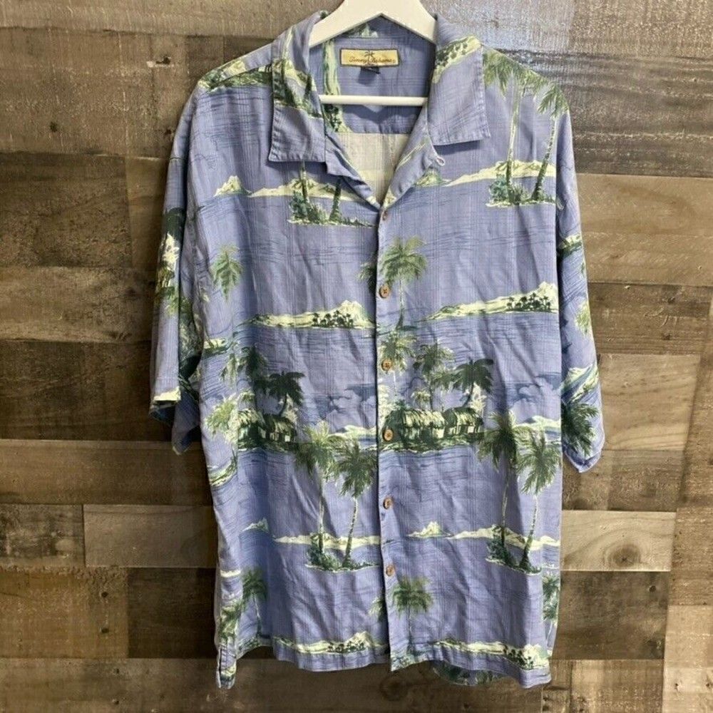 Tommy Bahama 100% silk size XL palm trees island blue button front